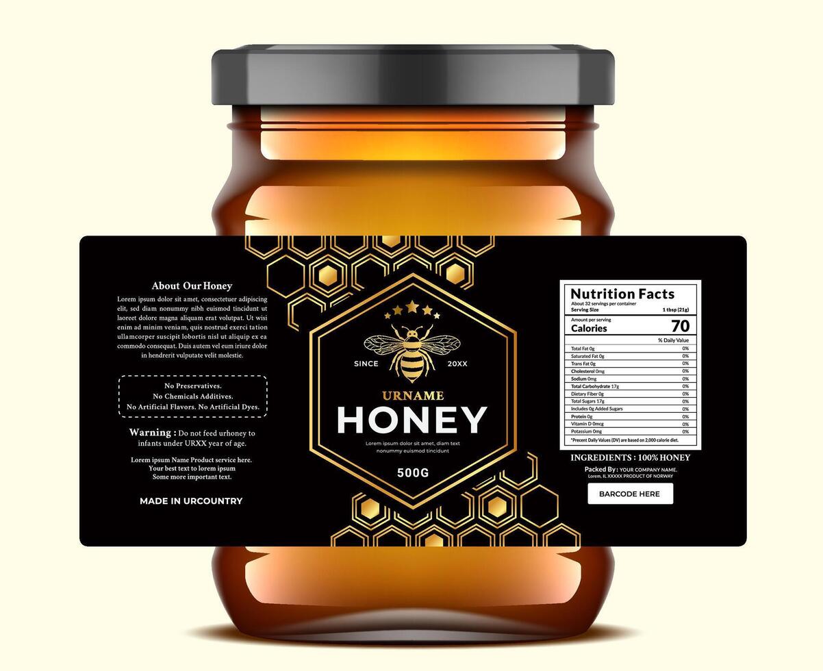 Elegant honey label featuring a gold bee, hexagon pattern, and nutrition facts, Premium packaging for natural honey. vector