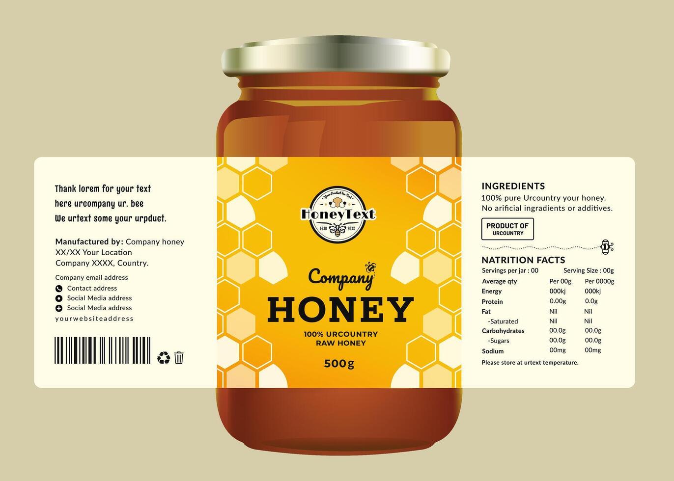 Modern honey label with vibrant honeycomb design and bold typography, ensuring a fresh, clean look for premium print product. vector