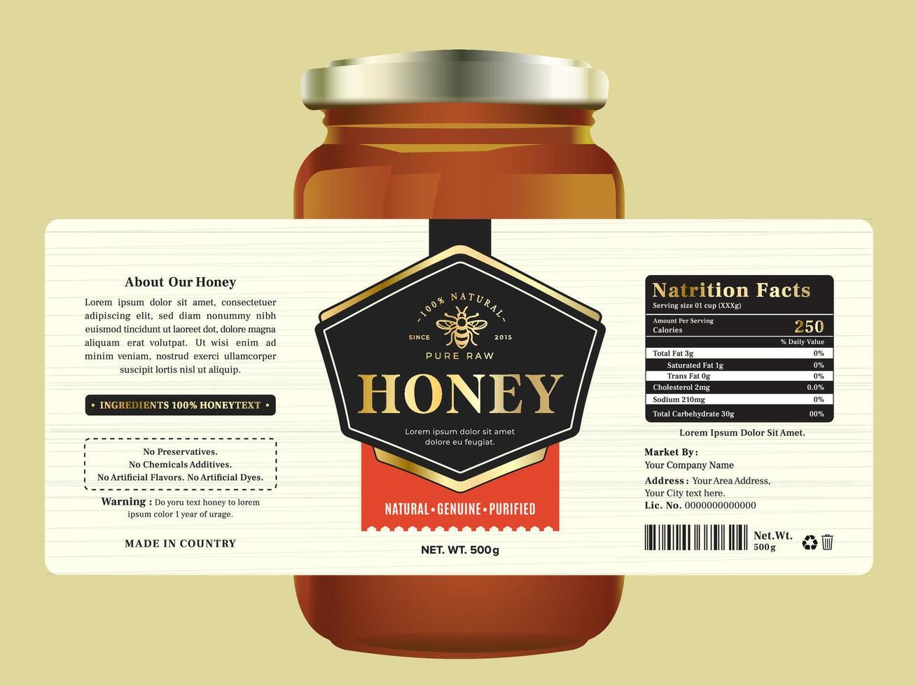 Honey label and print product packaging combines a modern honeycomb design with dark tones, creating a sleek, bold look. vector