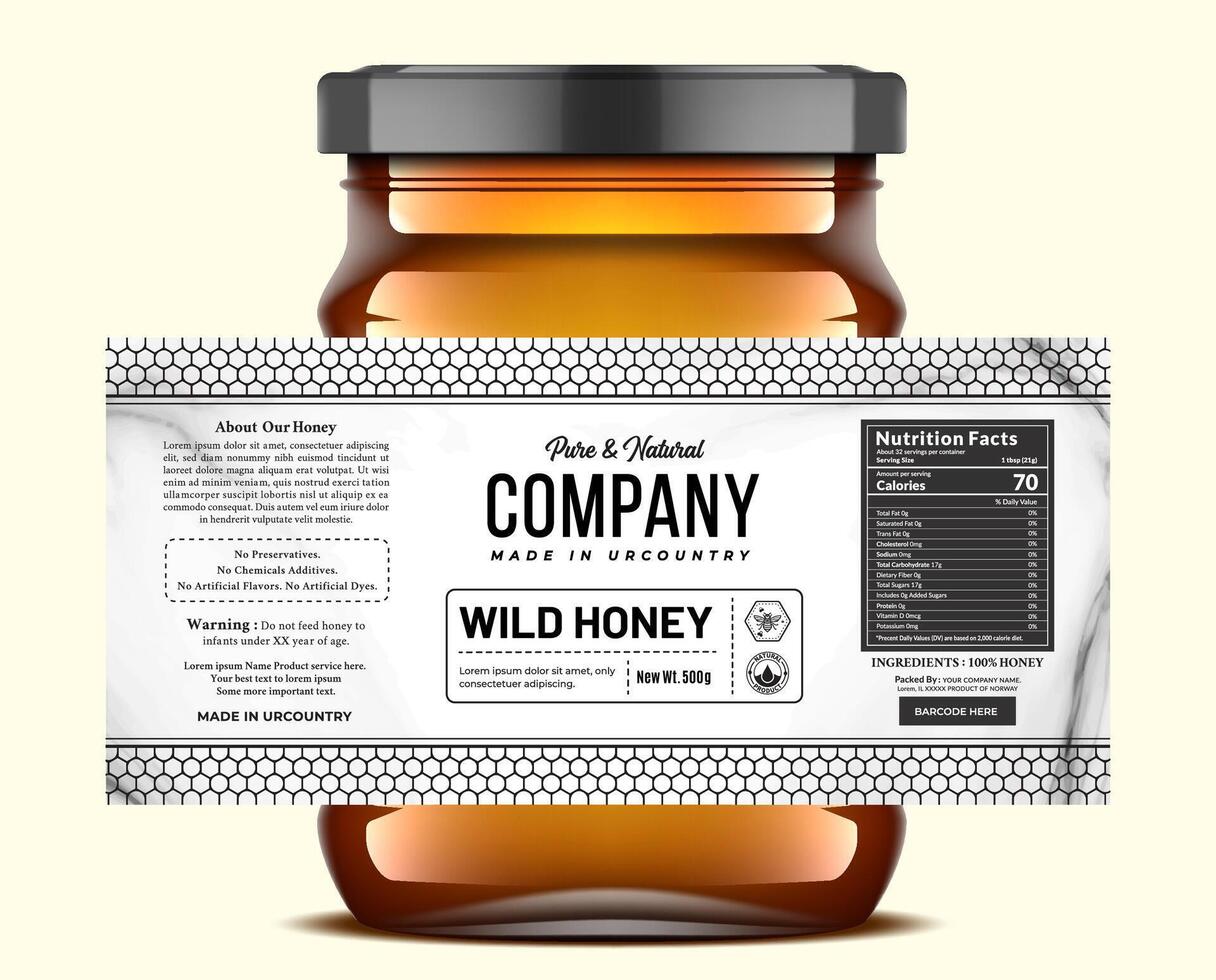 Minimalistic honey label design template that features honeycomb patterns and includes nutrition product packaging details. vector