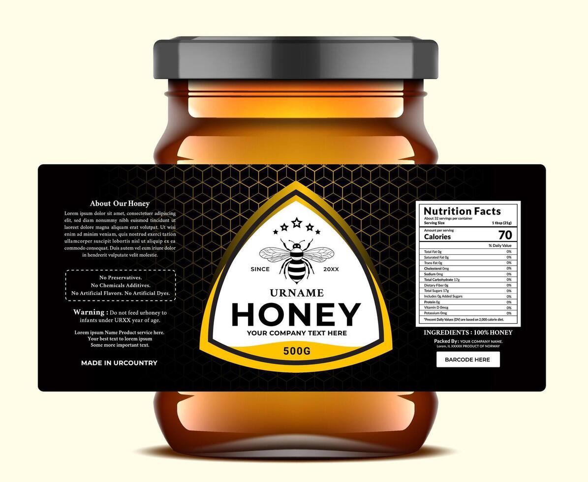Luxurious honey label design featuring a gold bee emblem and nutritional information. Perfect for premium branding. vector