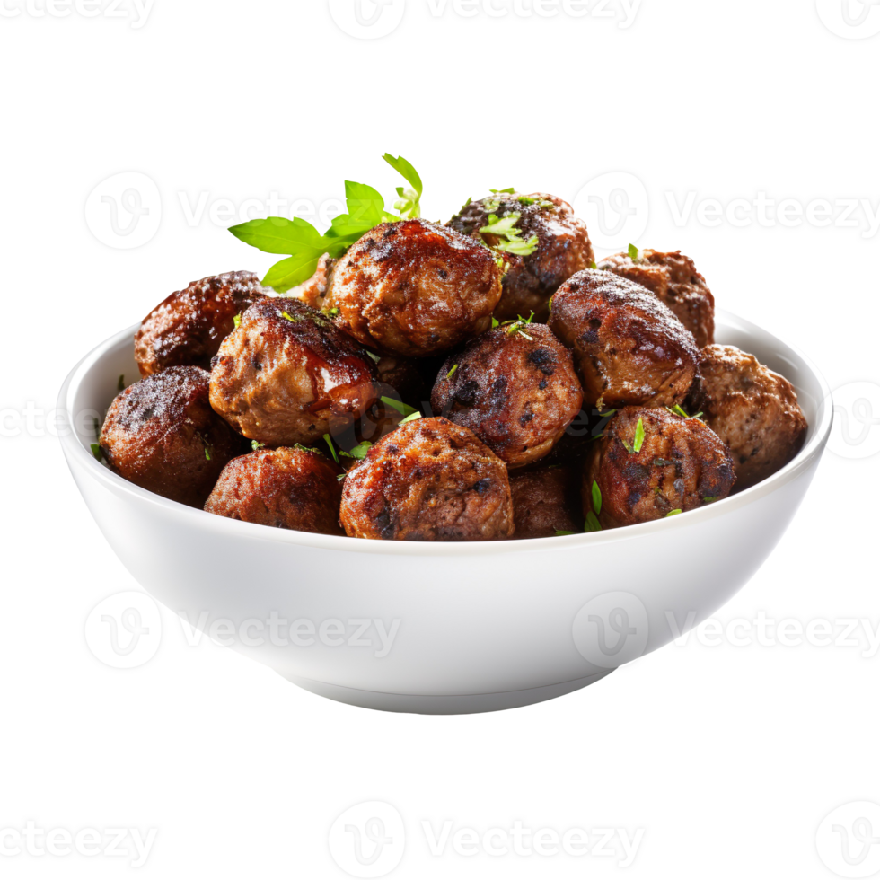 a bowl of grilled meatballs isolated on transparent background png