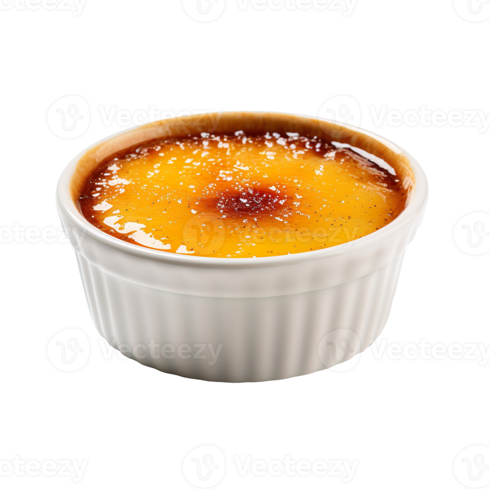 Creme brulee in a ceramic bowl isolated on transparent background png