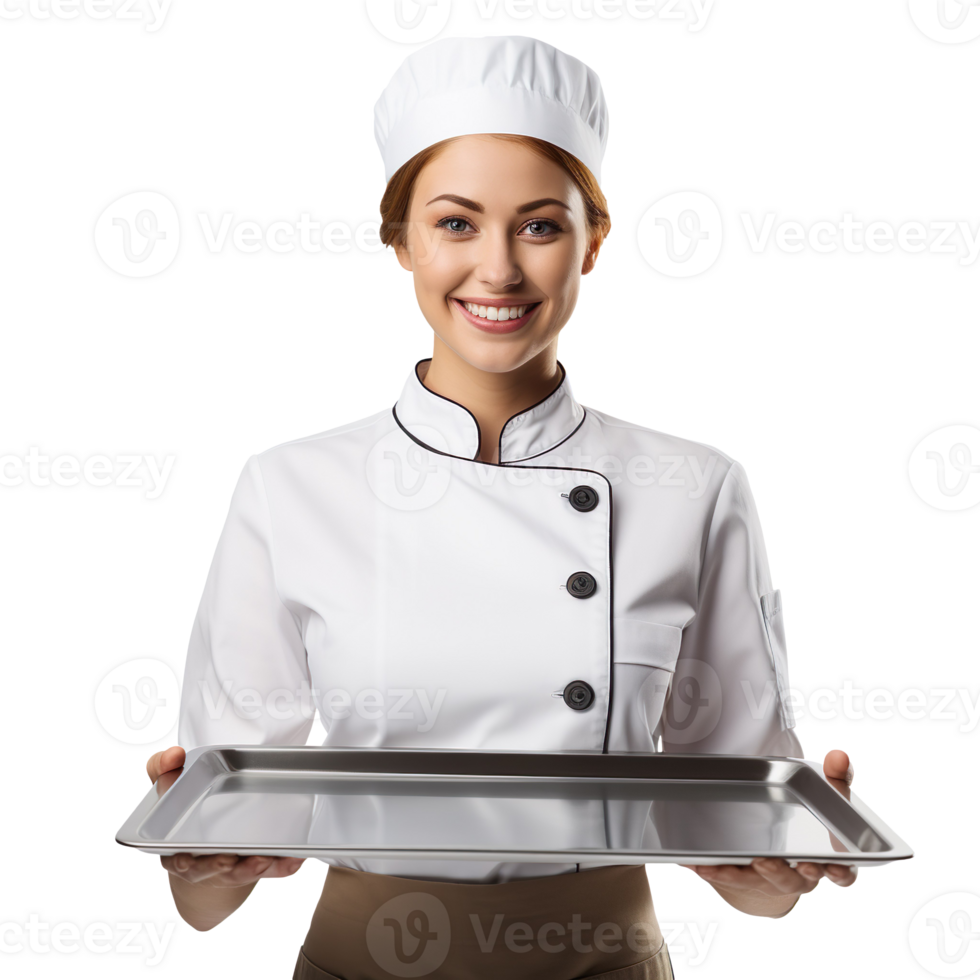 Female Baker in chef uniform Holding an empty Tray isolated on transparent background png