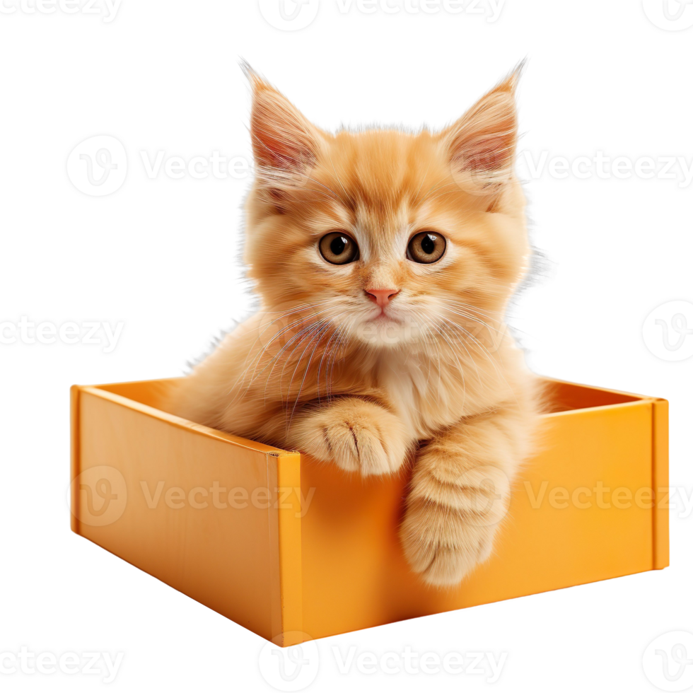 kitten sit in an orange box isolated on transparent background png