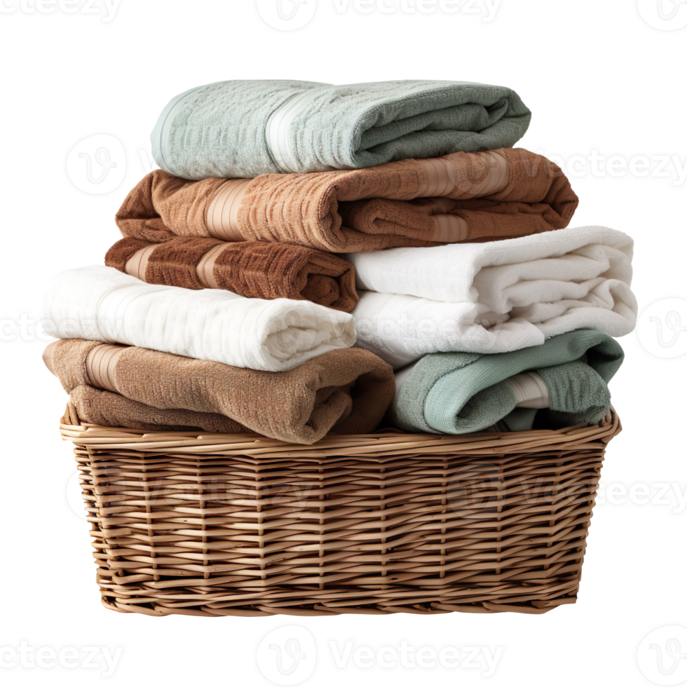Laundry basket with towels isolated on transparent background png