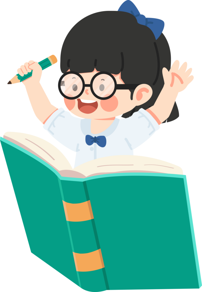 Happy Kid gairl student sitting on a book png