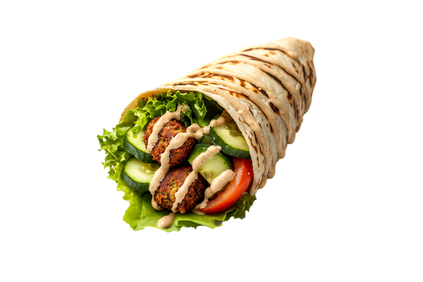 Falafel wrap with cucumbers, lettuce, and tahini sauce isolated on a transparent background png