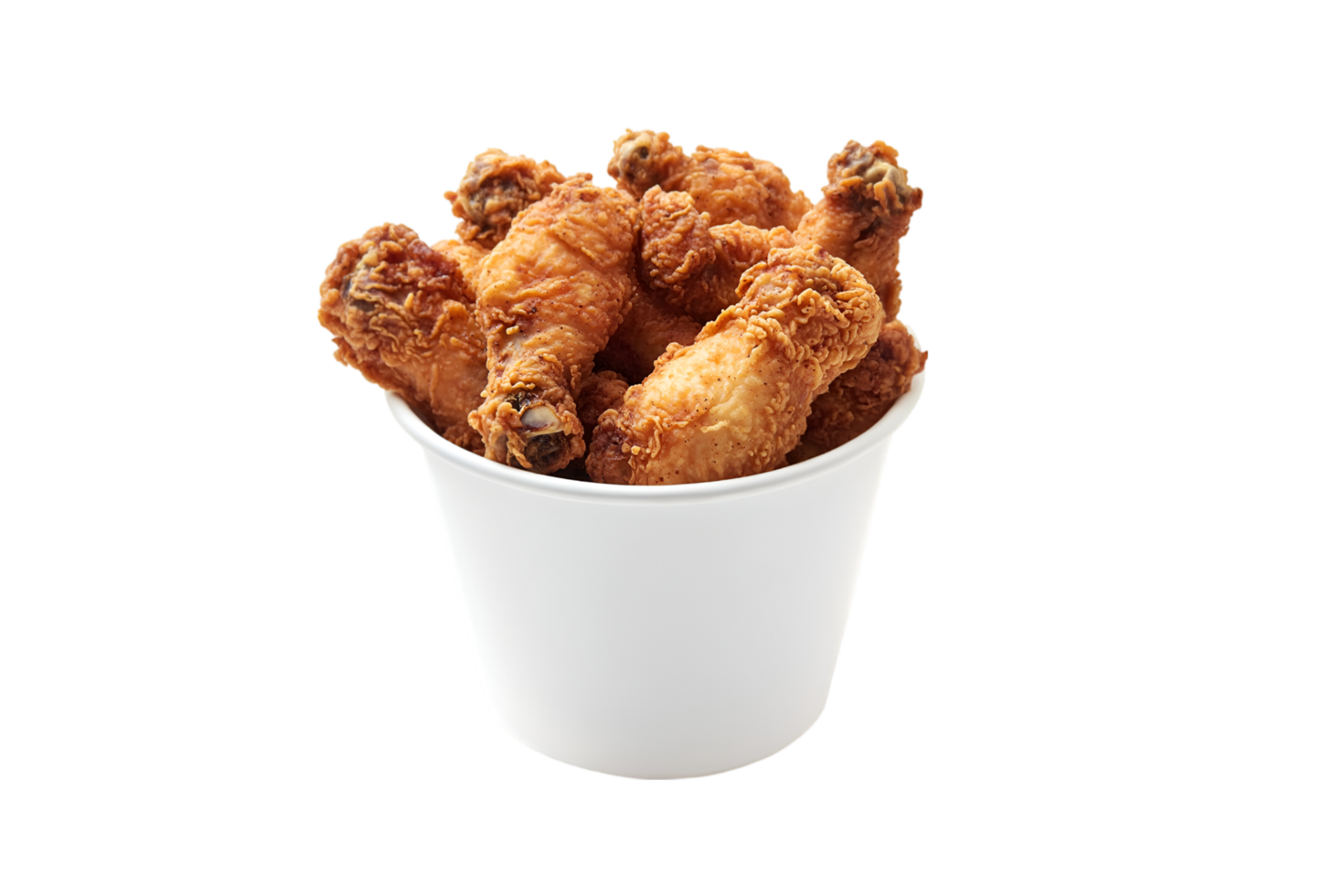 Bucket of fried chicken drumsticks isolated on a transparent background png