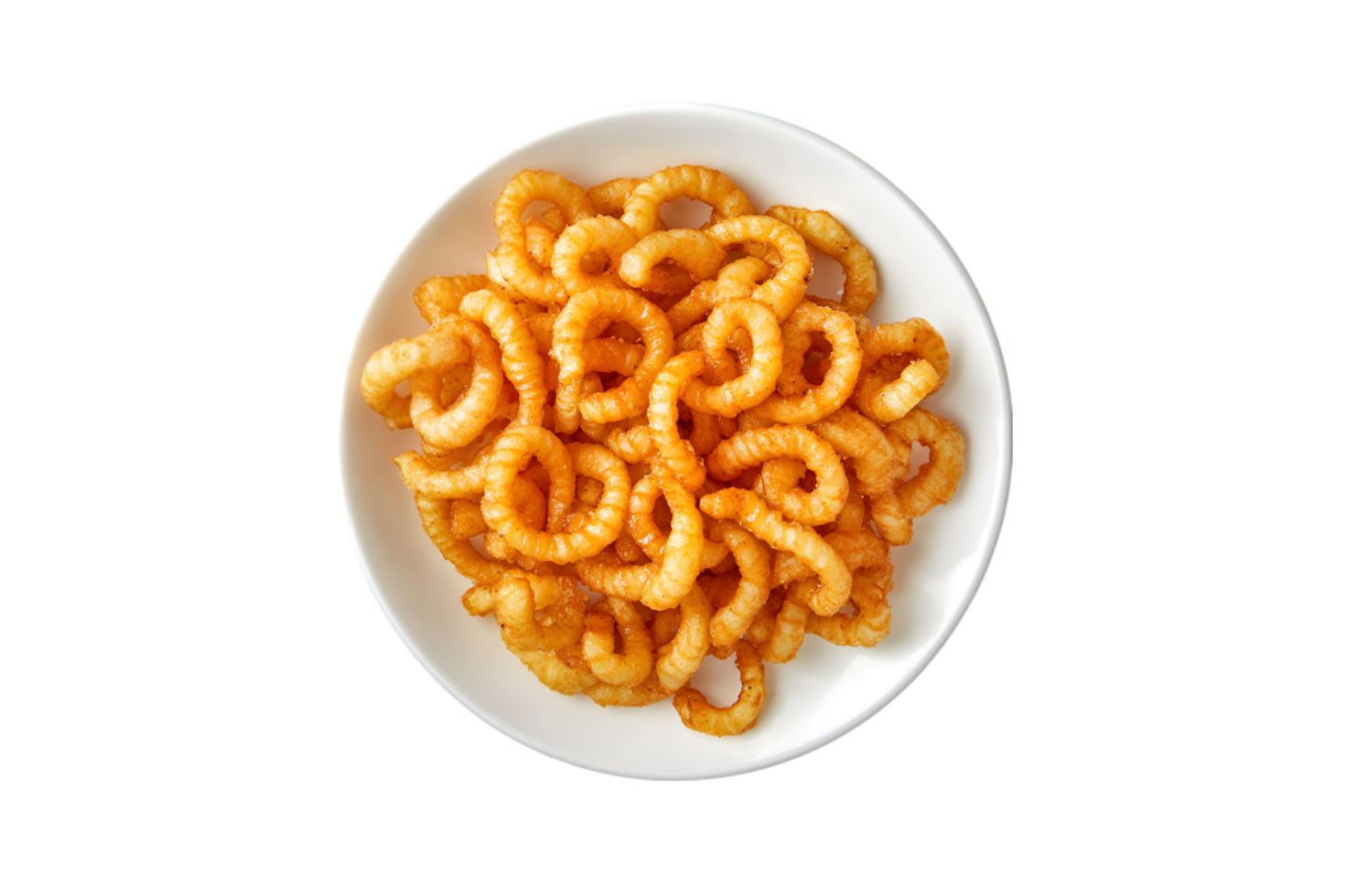 Curly fries on a white plate isolated on a transparent background png