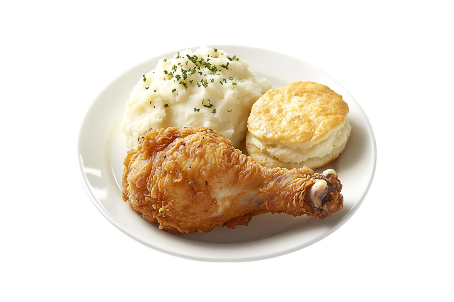 Fried chicken with mashed potatoes and biscuit on a plate isolated on a transparent background png