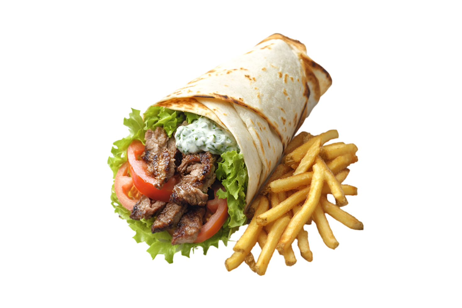 Gyro wrap with beef, lettuce, tomato, tzatziki sauce, and fries isolated on a transparent background png