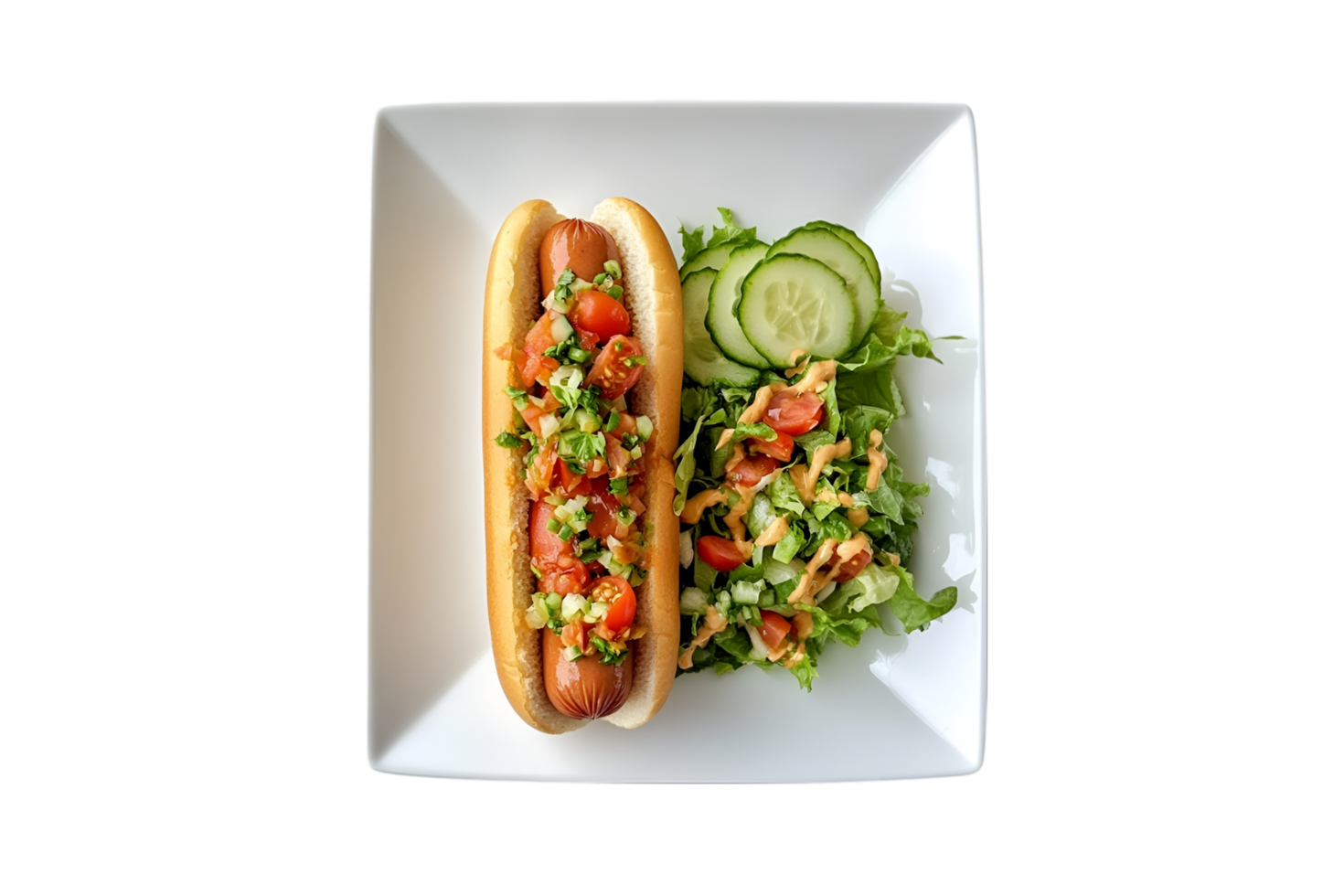 Hot dog with salad and cucumbers on a plate isolated on a transparent background png
