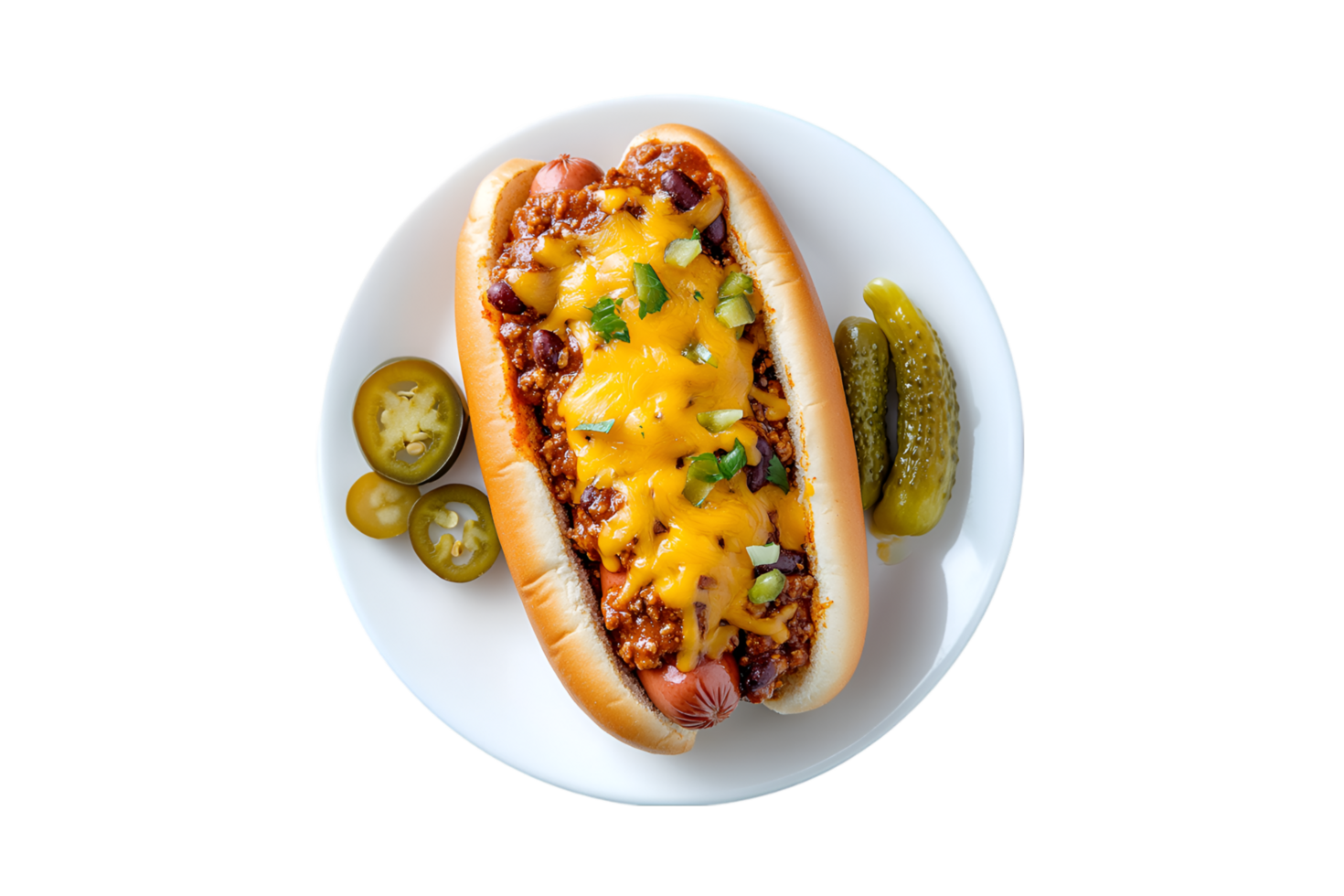Chili cheese hot dog with jalapenos and shredded cheddar isolated on a transparent background png