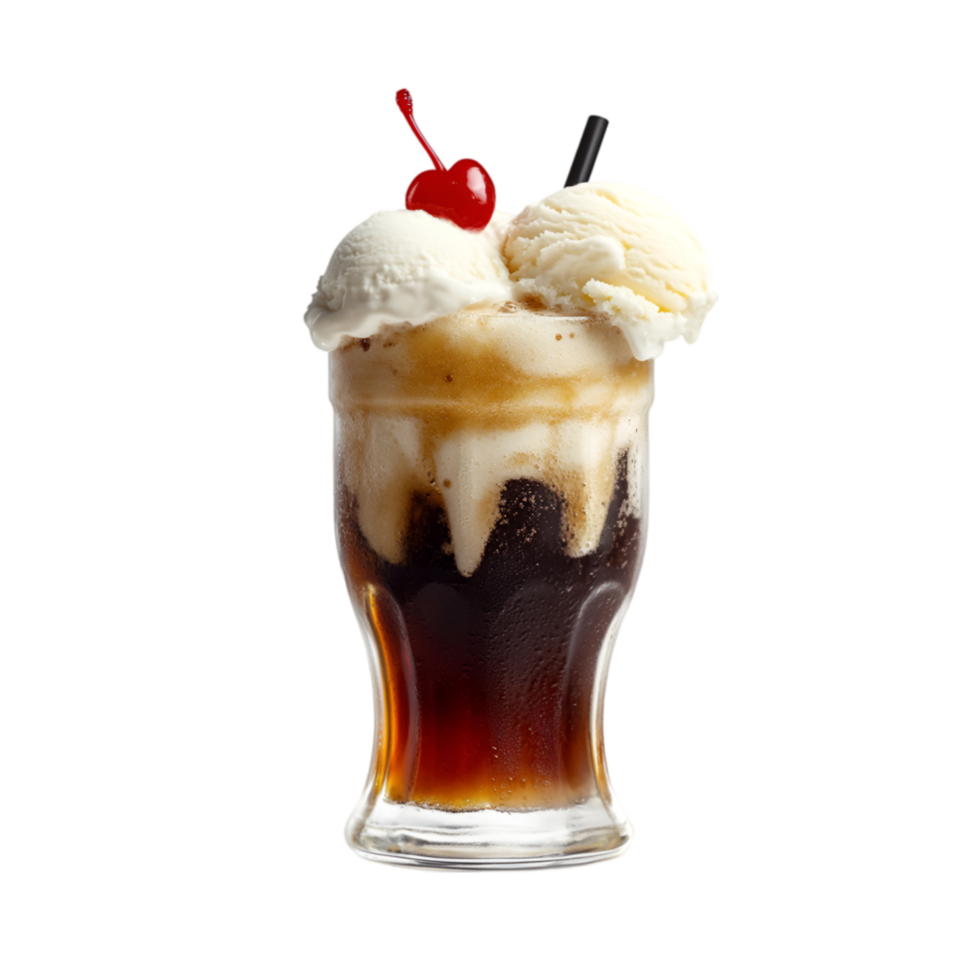 Root beer float with vanilla ice cream and cherry on a transparent background png