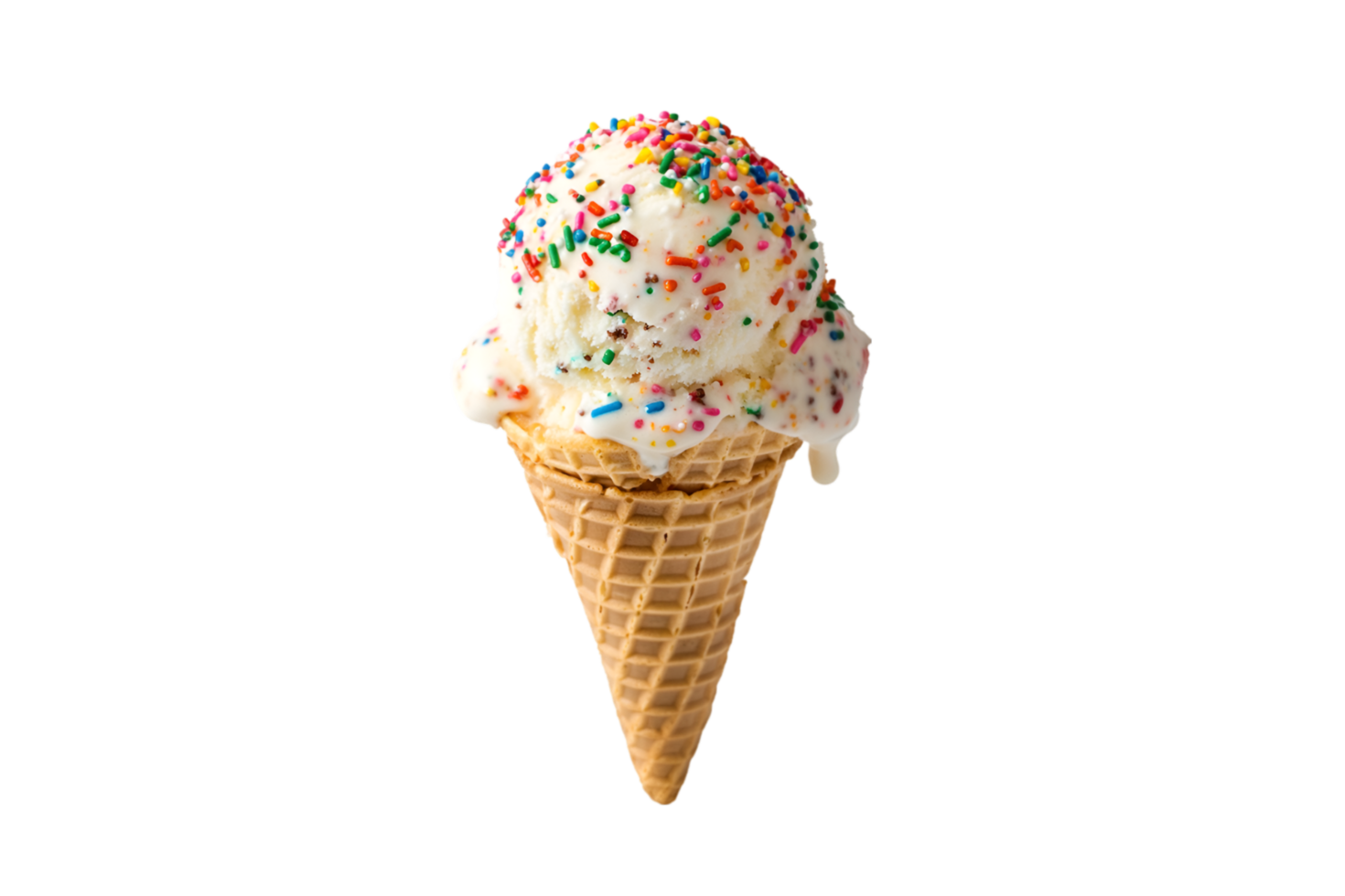 Vanilla ice cream cone with rainbow sprinkles on a transparent background png