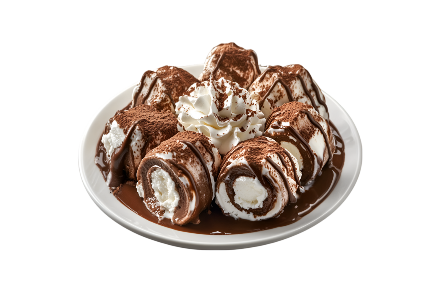 Chocolate roll ice cream with whipped cream on a transparent background png
