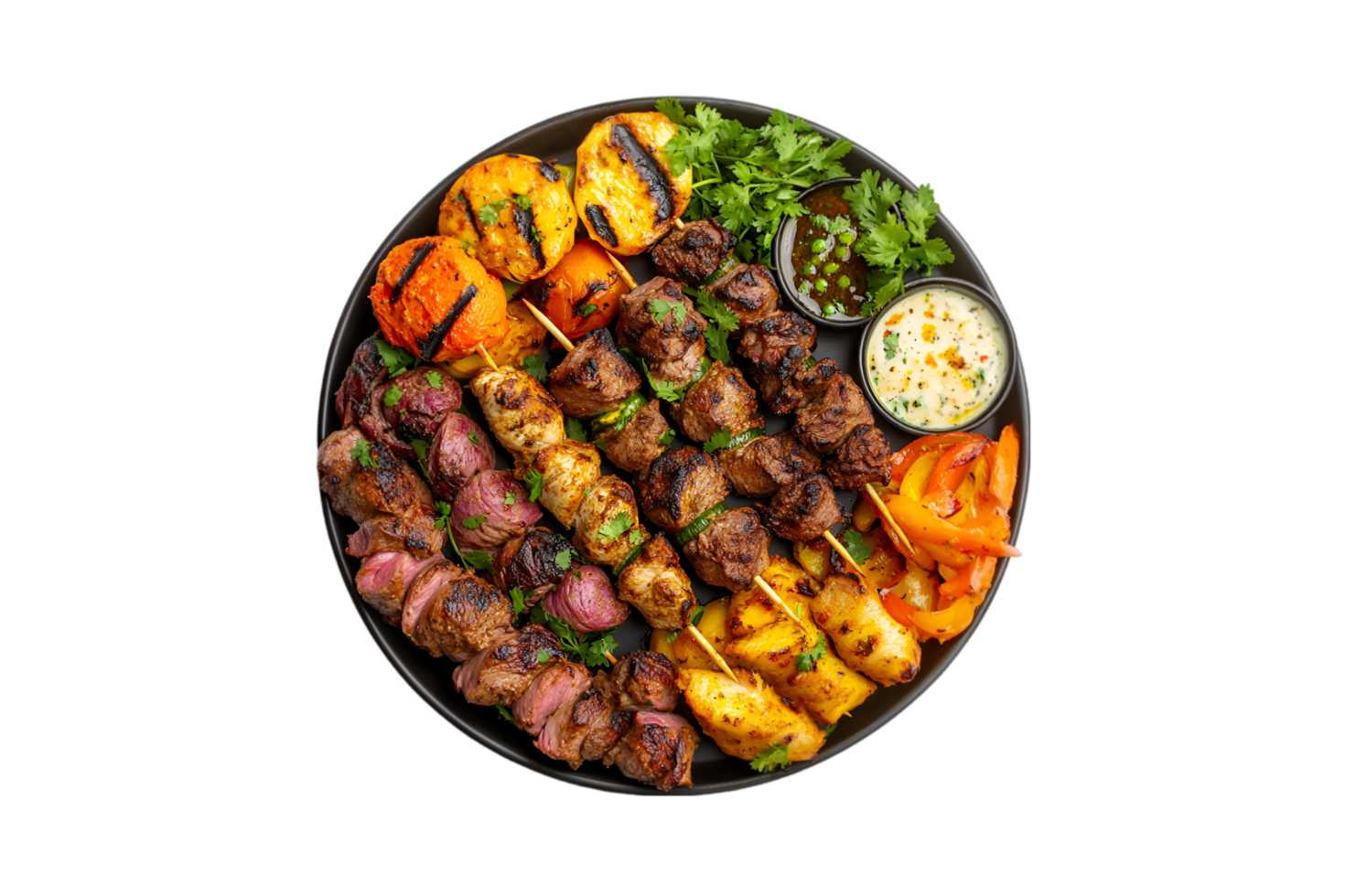 Mixed grill platter with assorted meats and vegetables isolated on a transparent background png