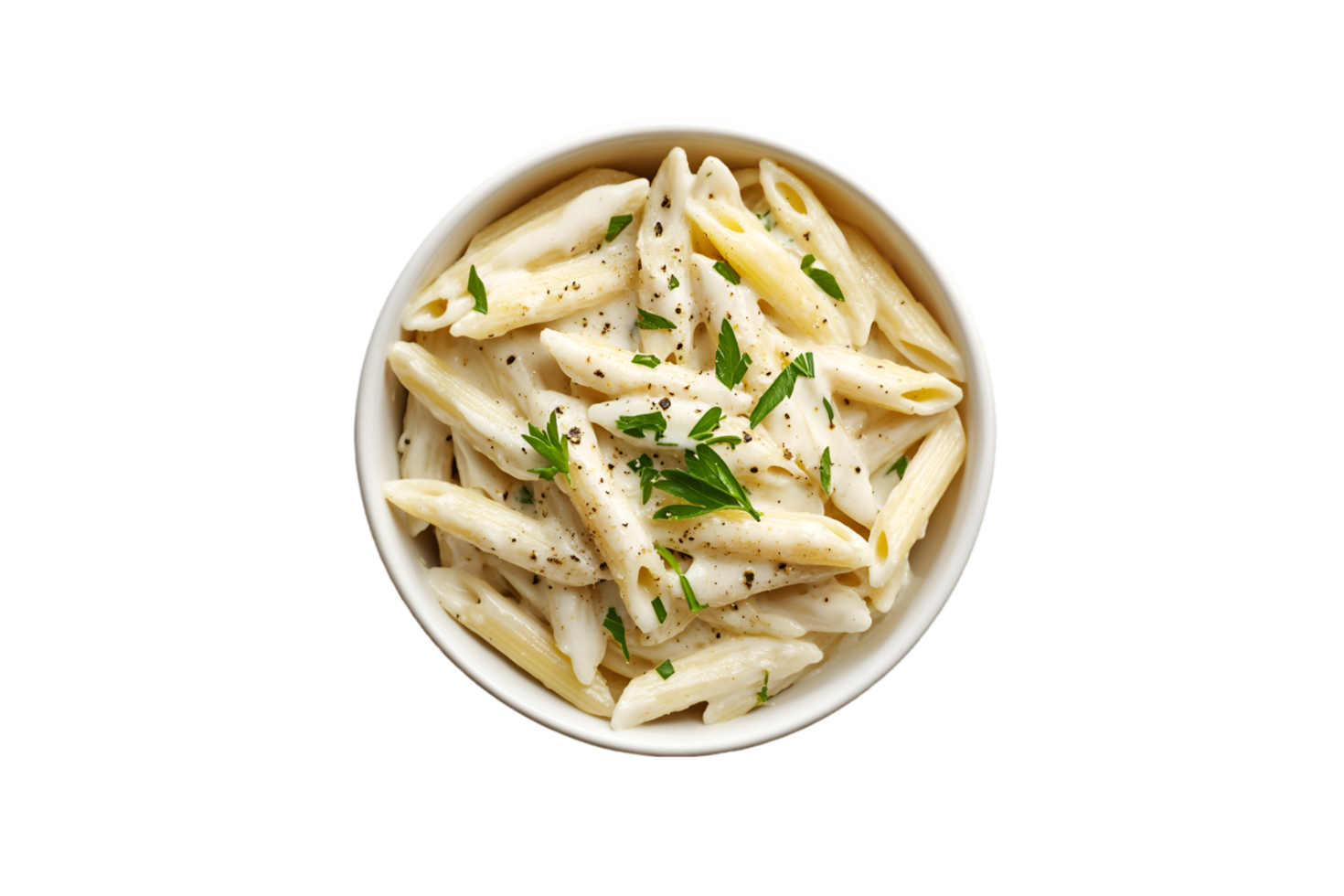 Penne pasta with creamy white sauce and parsley isolated on a transparent background png