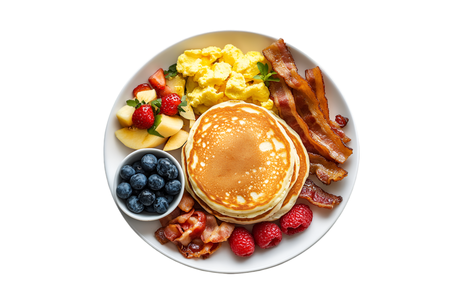 Full breakfast plate with pancakes, scrambled eggs, bacon, and fresh fruit isolated on a transparent background png