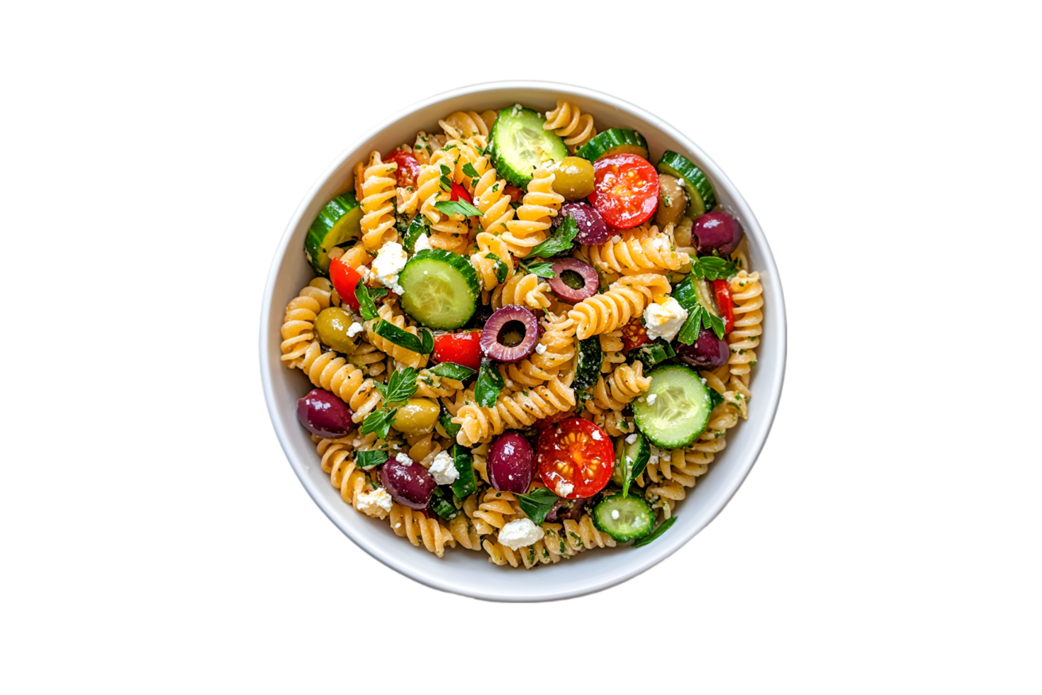 Greek pasta salad with feta, olives, and cucumbers isolated on a transparent background png