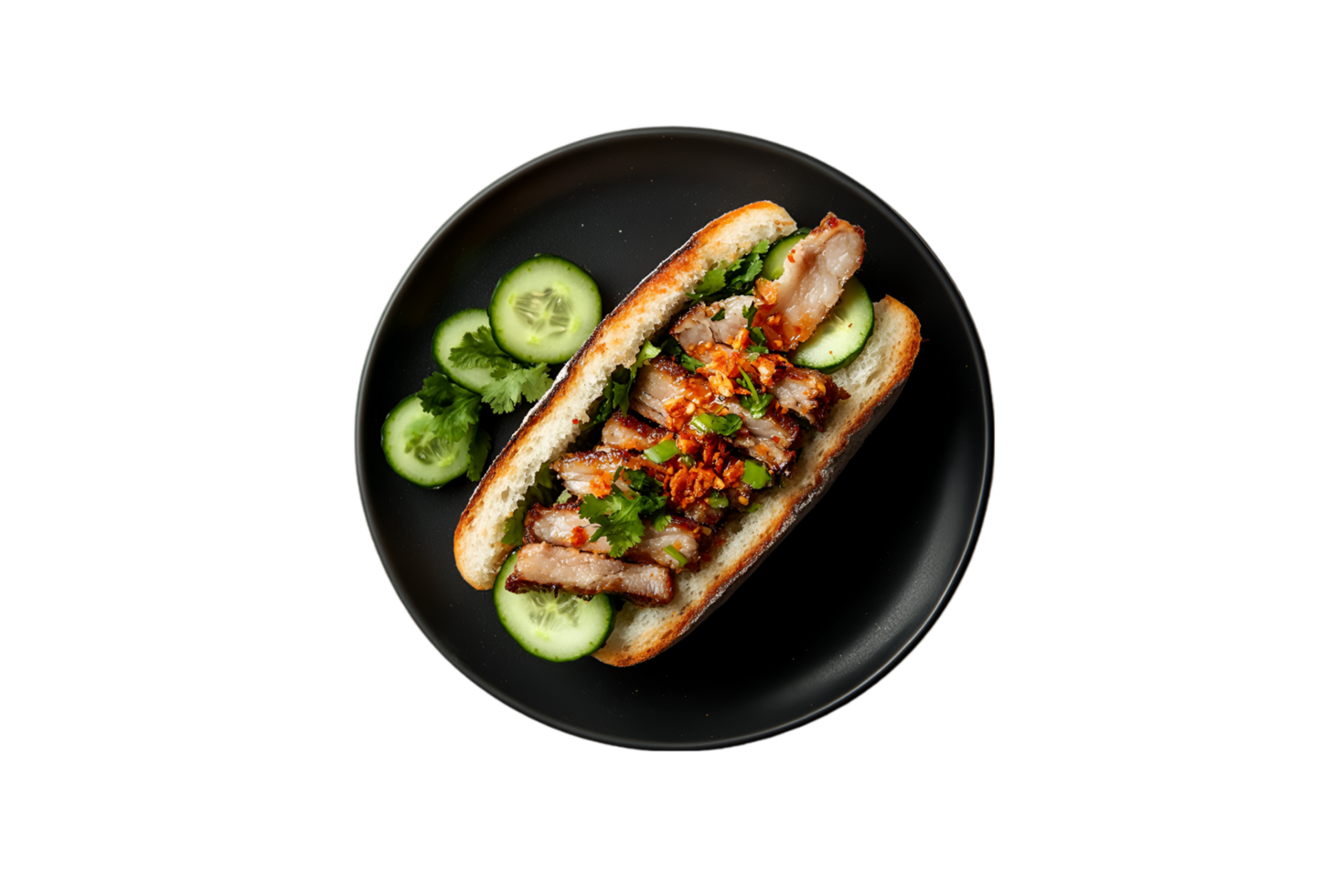 Grilled pork sandwich with cucumber on a black plate isolated on a transparent background png