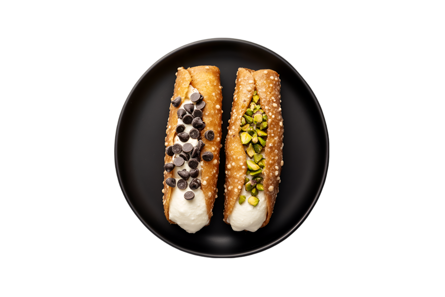 Pistachio and chocolate chip cannoli on a transparent background png