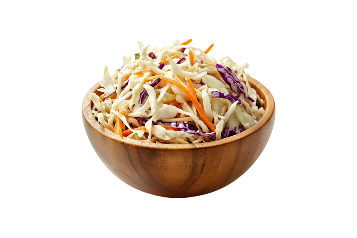 Coleslaw salad in a wooden bowl on a transparent background png