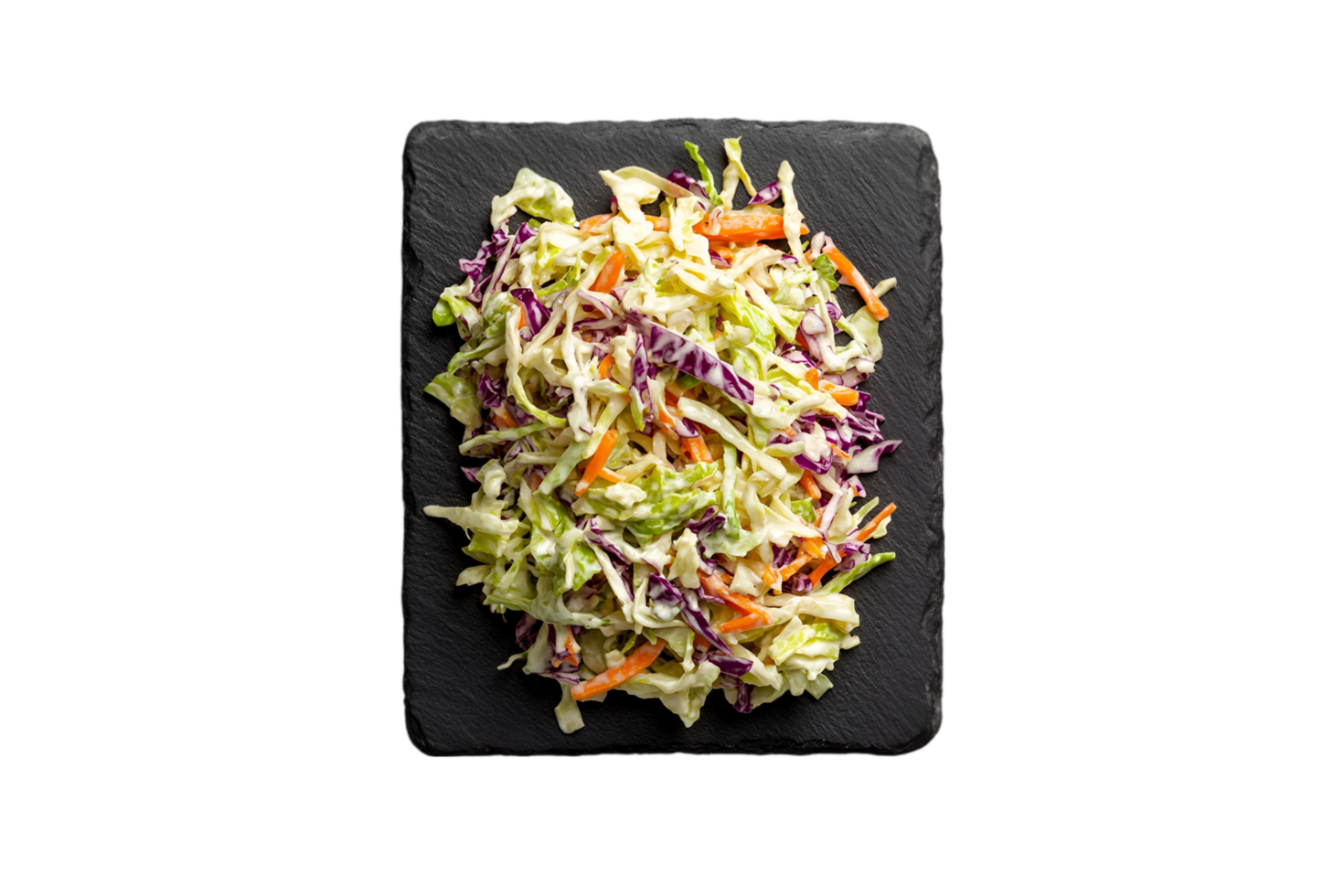 Coleslaw salad on a black slate plate on a transparent background png