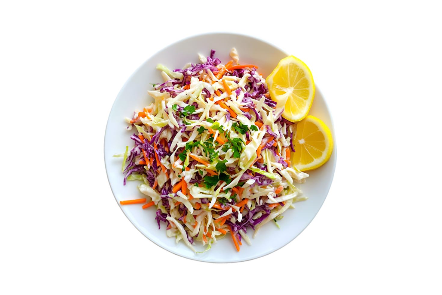 Coleslaw salad with lemon slices on a transparent background png