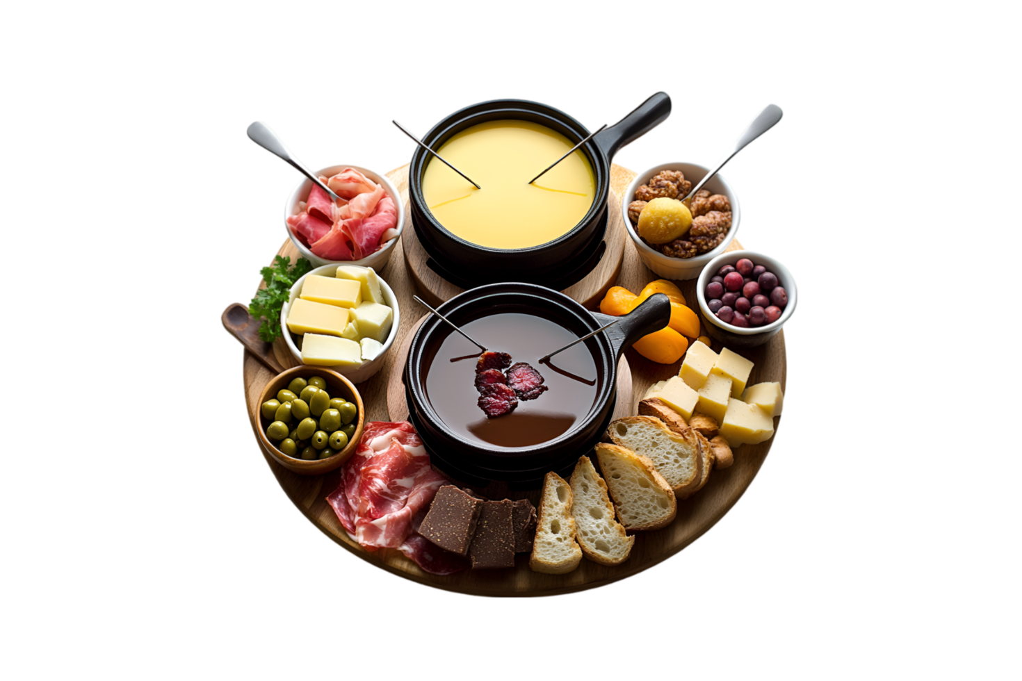 Cheese and meat fondue platter with bread and olives isolated on a transparent background png