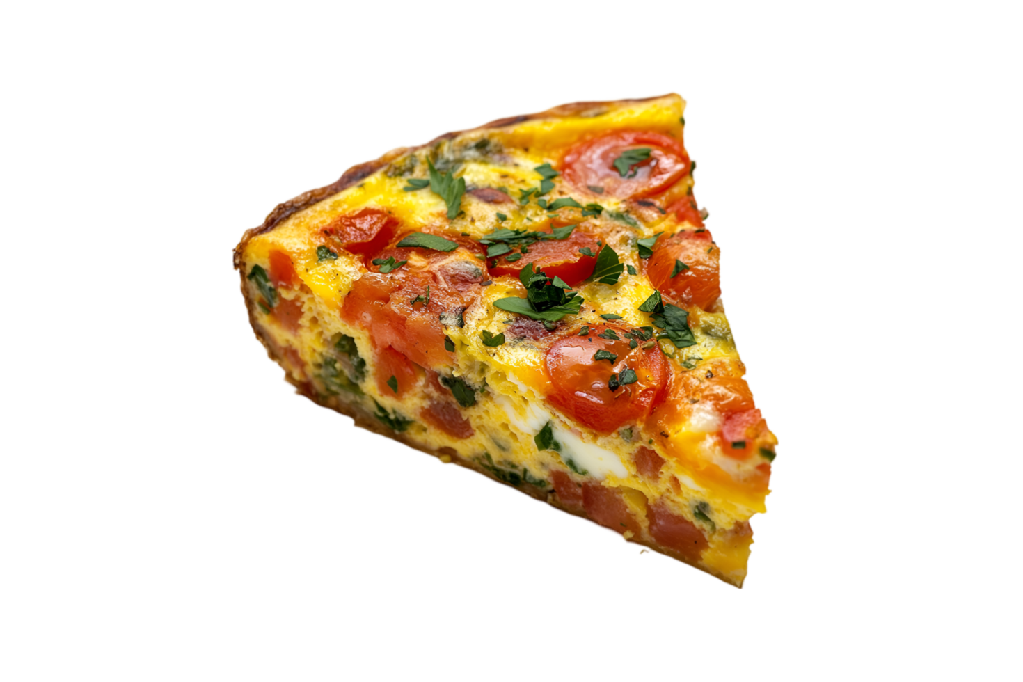 Slice of vegetable frittata with basil on a plate isolated on a transparent background png