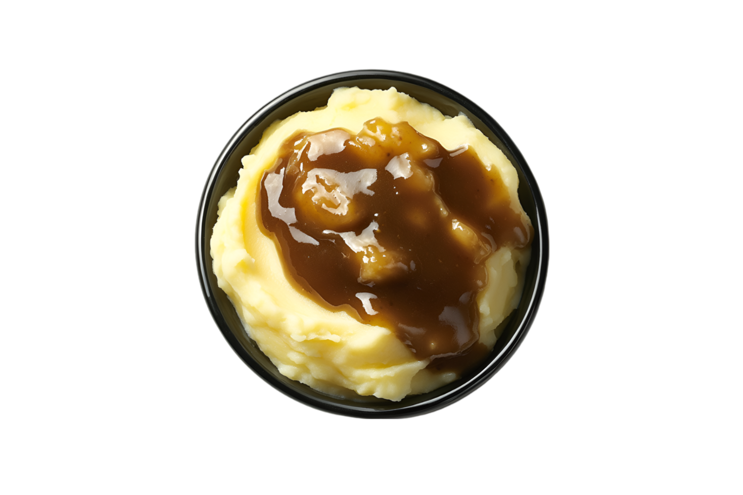 Mashed potatoes with gravy in a black bowl isolated on a transparent background png