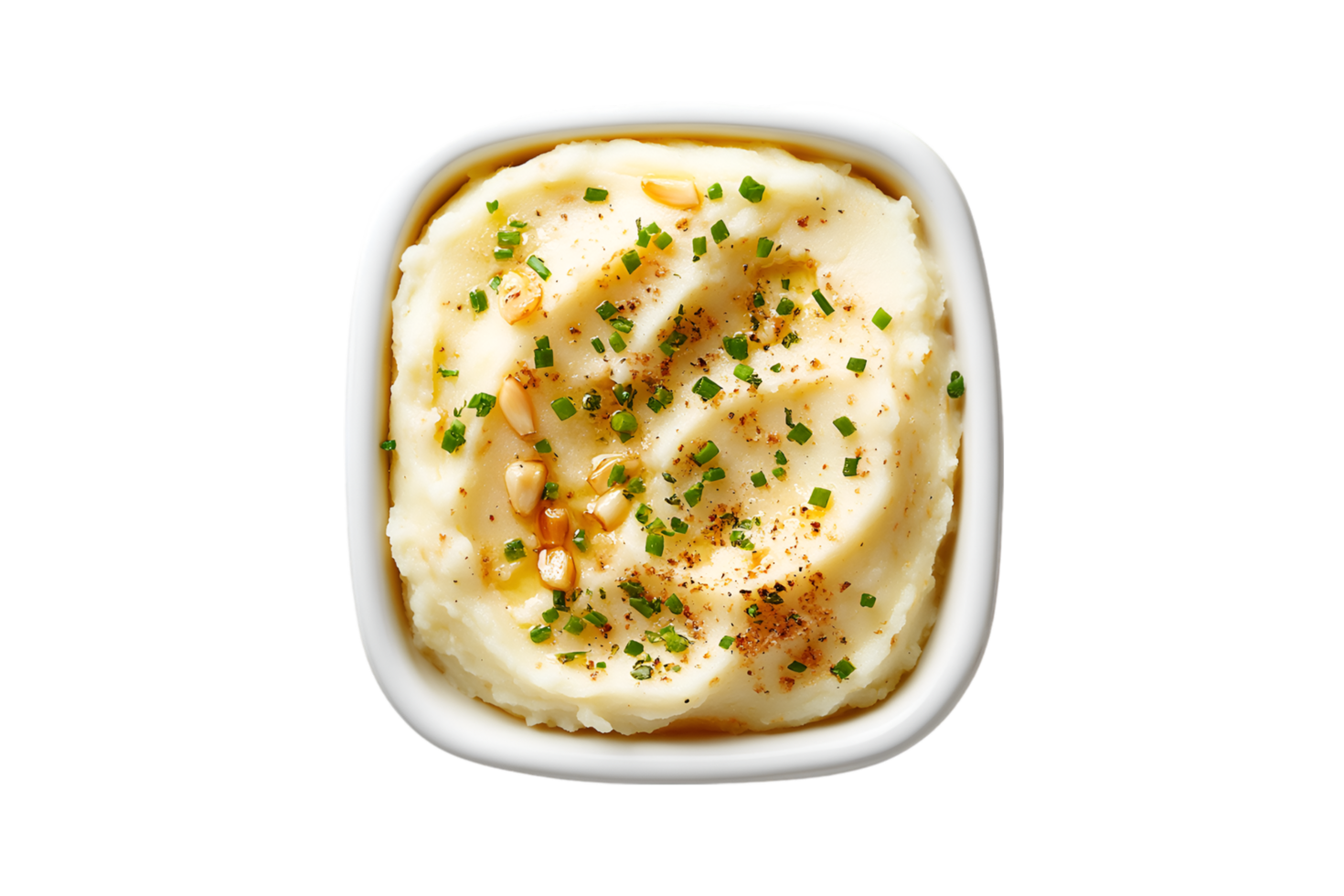 Mashed potatoes with gravy in a bowl isolated on a transparent background png