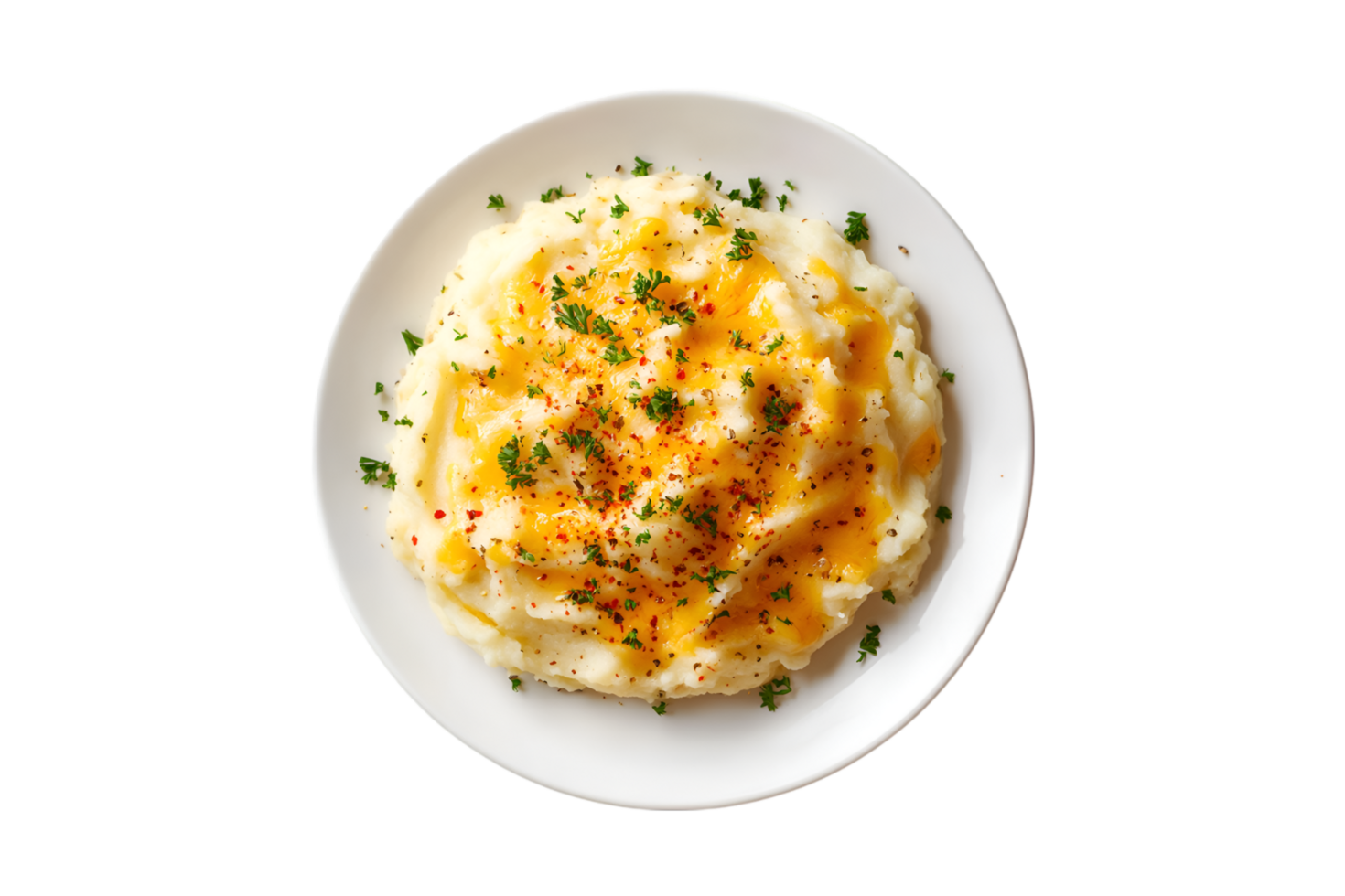Mashed potatoes with butter on a whte plate isolated on a transparent background png
