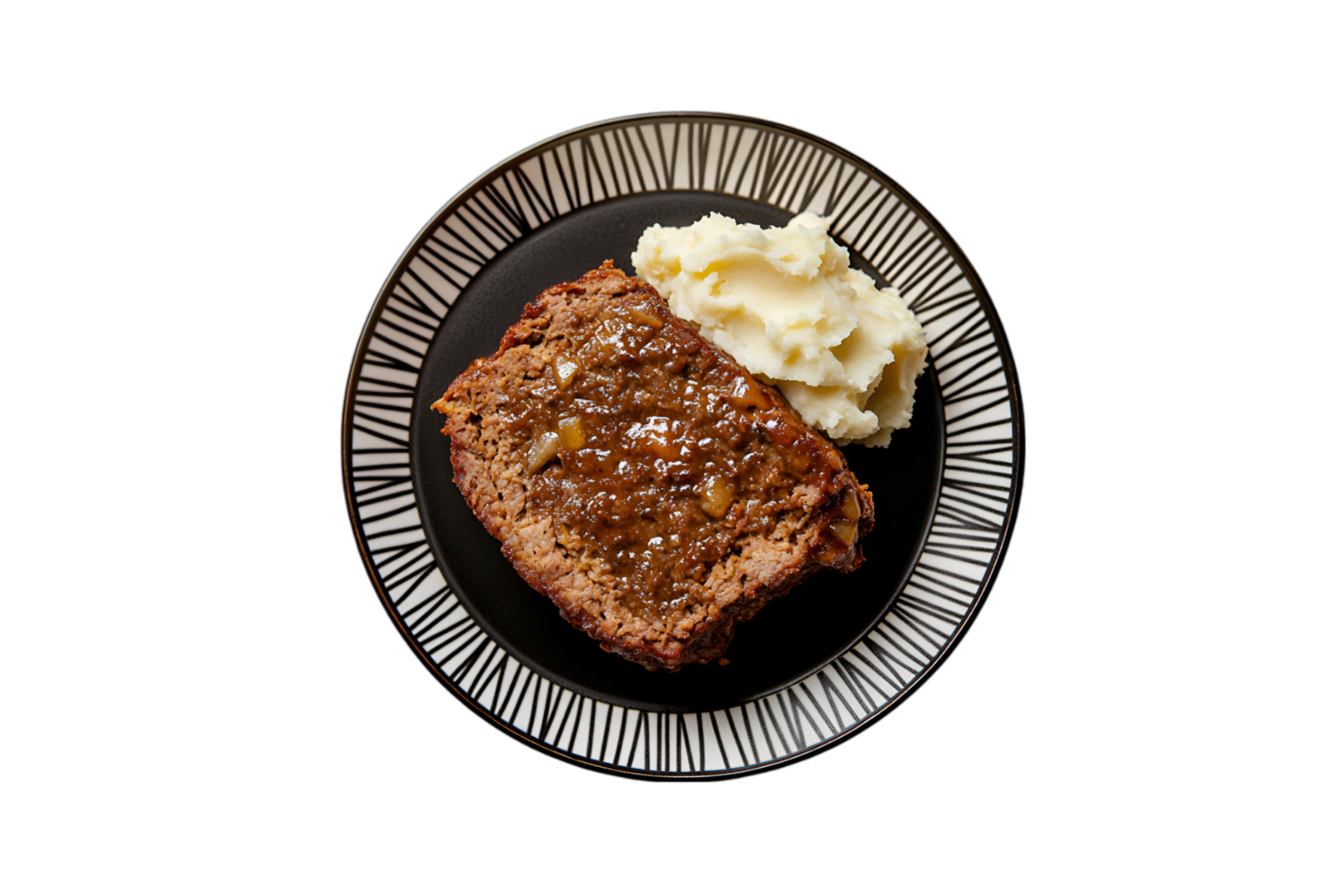 Meatloaf with mashed potatoes on a plate isolated on a transparent background png