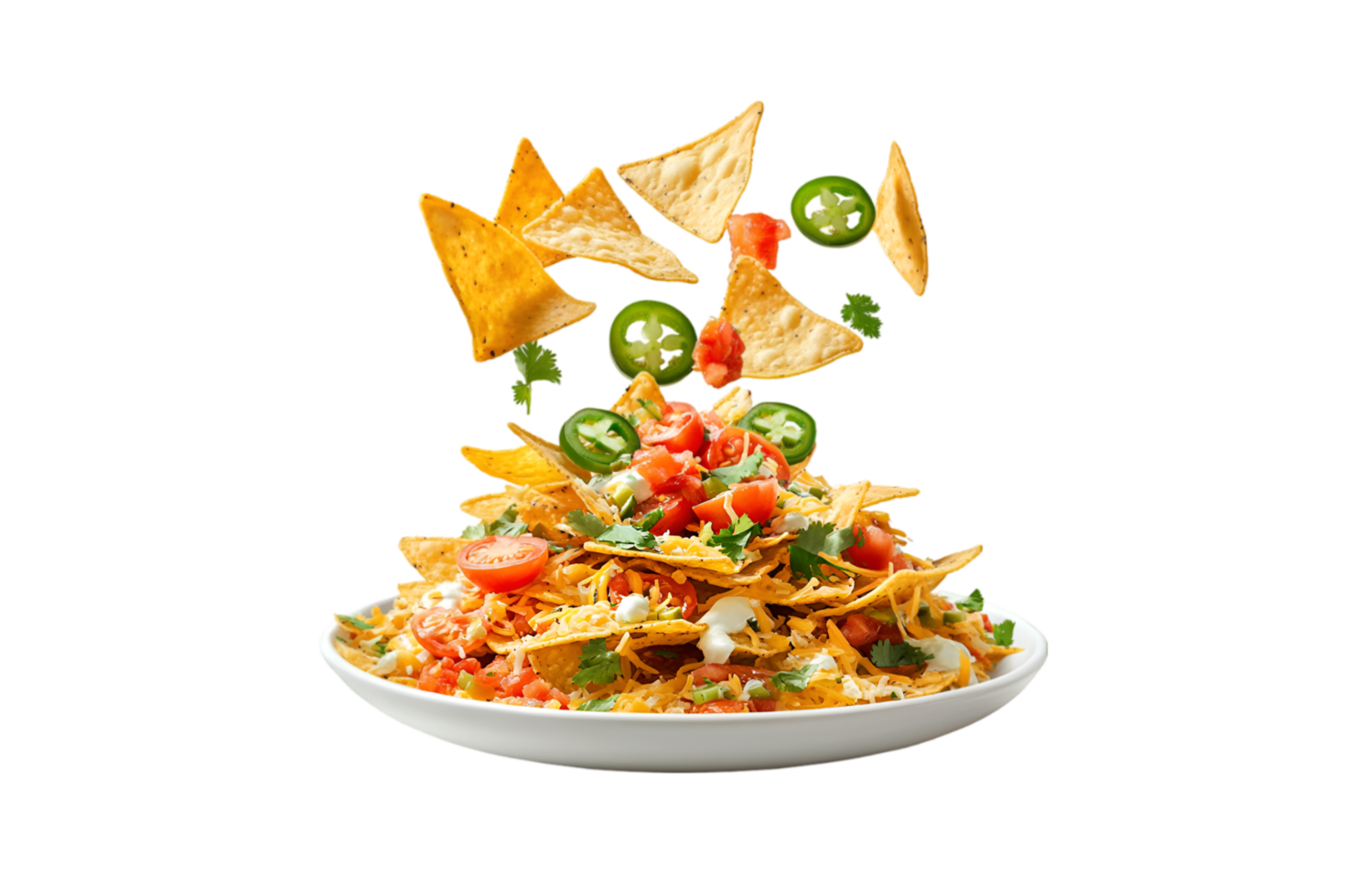 Flying nachos with tomatoes and jalapenos on a transparent background png