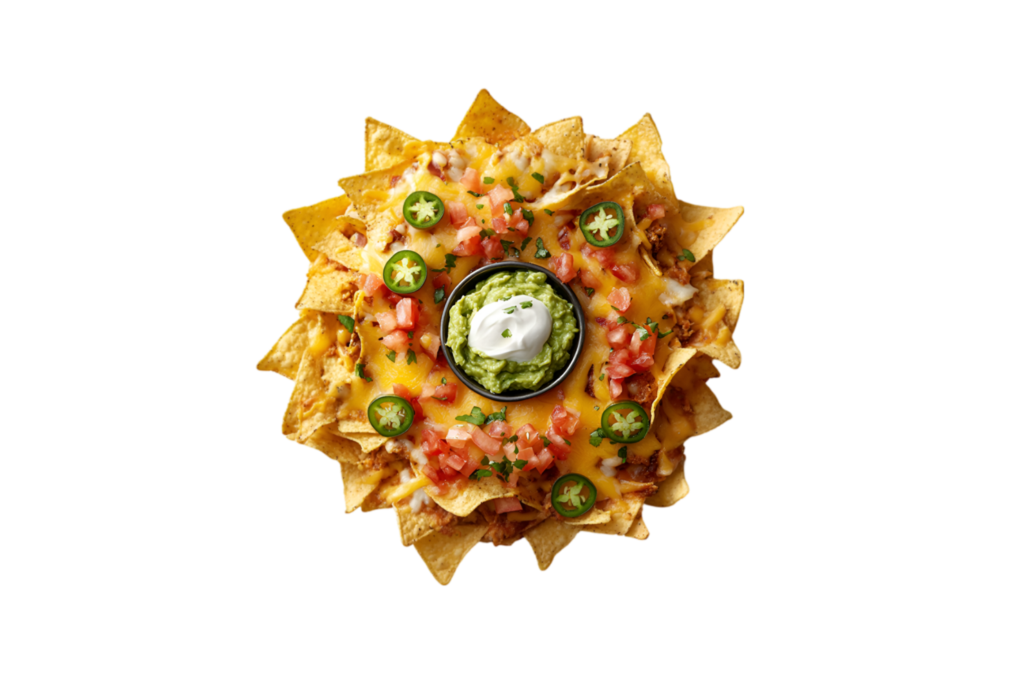 Nachos with guacamole and sour cream on a transparent background png