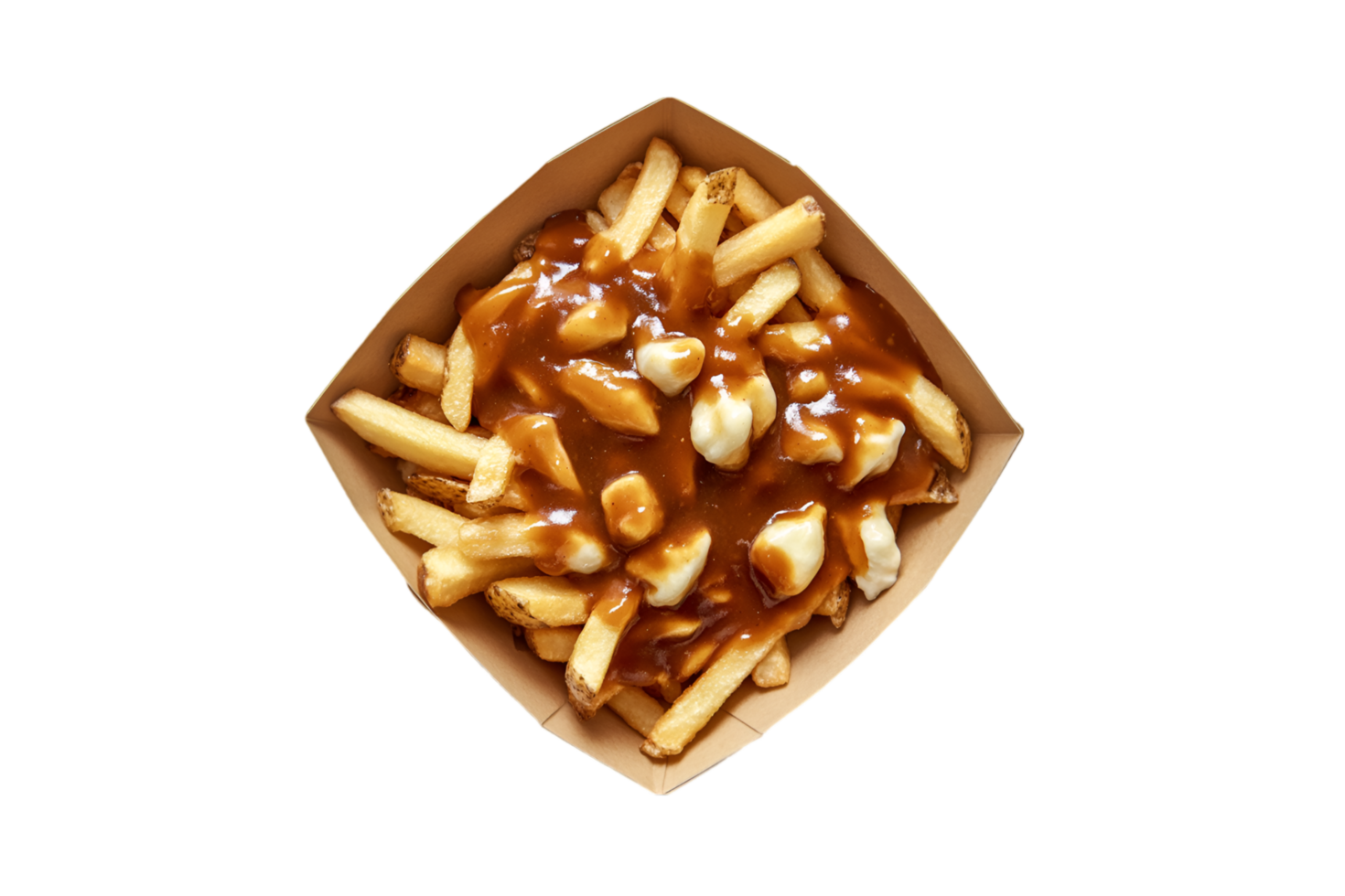 Poutine with fries, cheese curds, and gravy in a cardboard container on a transparent background png