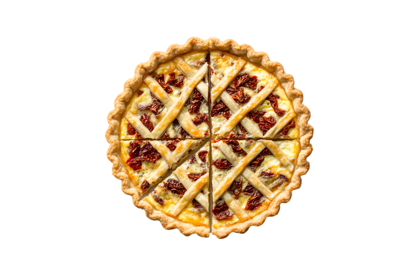 Lattice quiche with a slice missing on a transparent background png