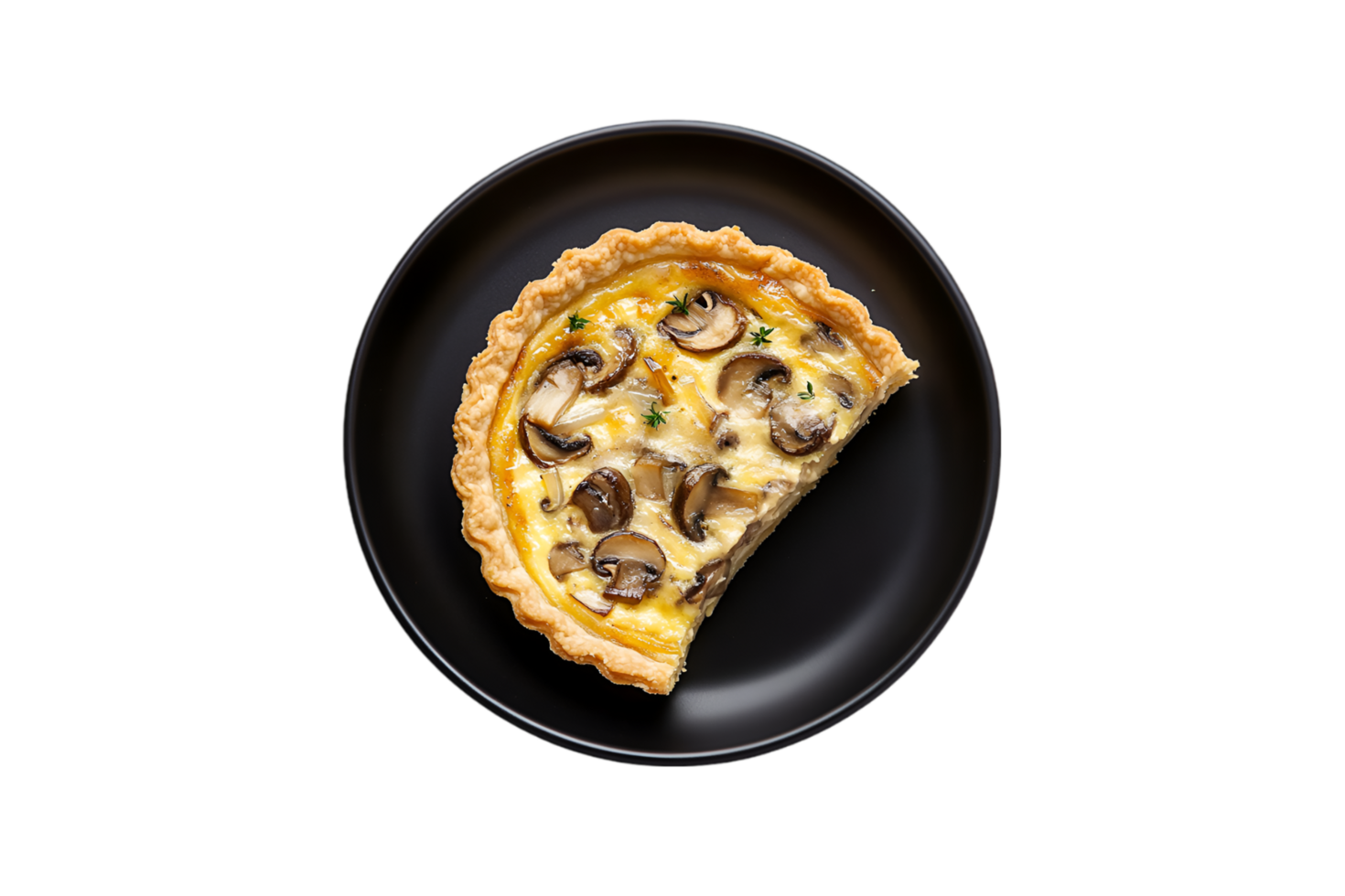 Mushroom quiche with a slice on a plate isolated on a transparent background png