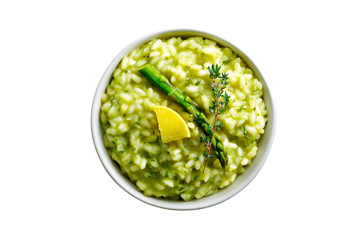 Asparagus risotto with lemon and thyme in a bowl isolated on a transparent background png