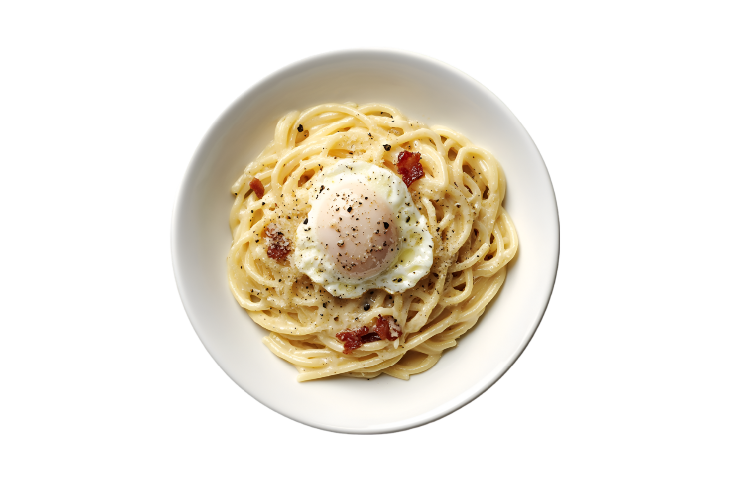 Carbonara pasta with fried egg and bacon in a bowl isolated on a transparent background png