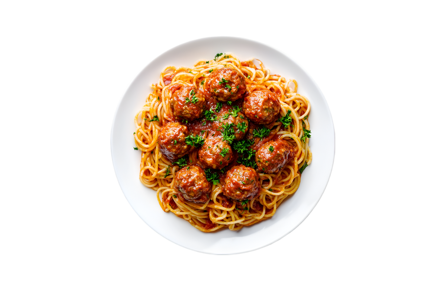Spaghetti with meatballs and marinara sauceon a plate isolated on a transparent background png