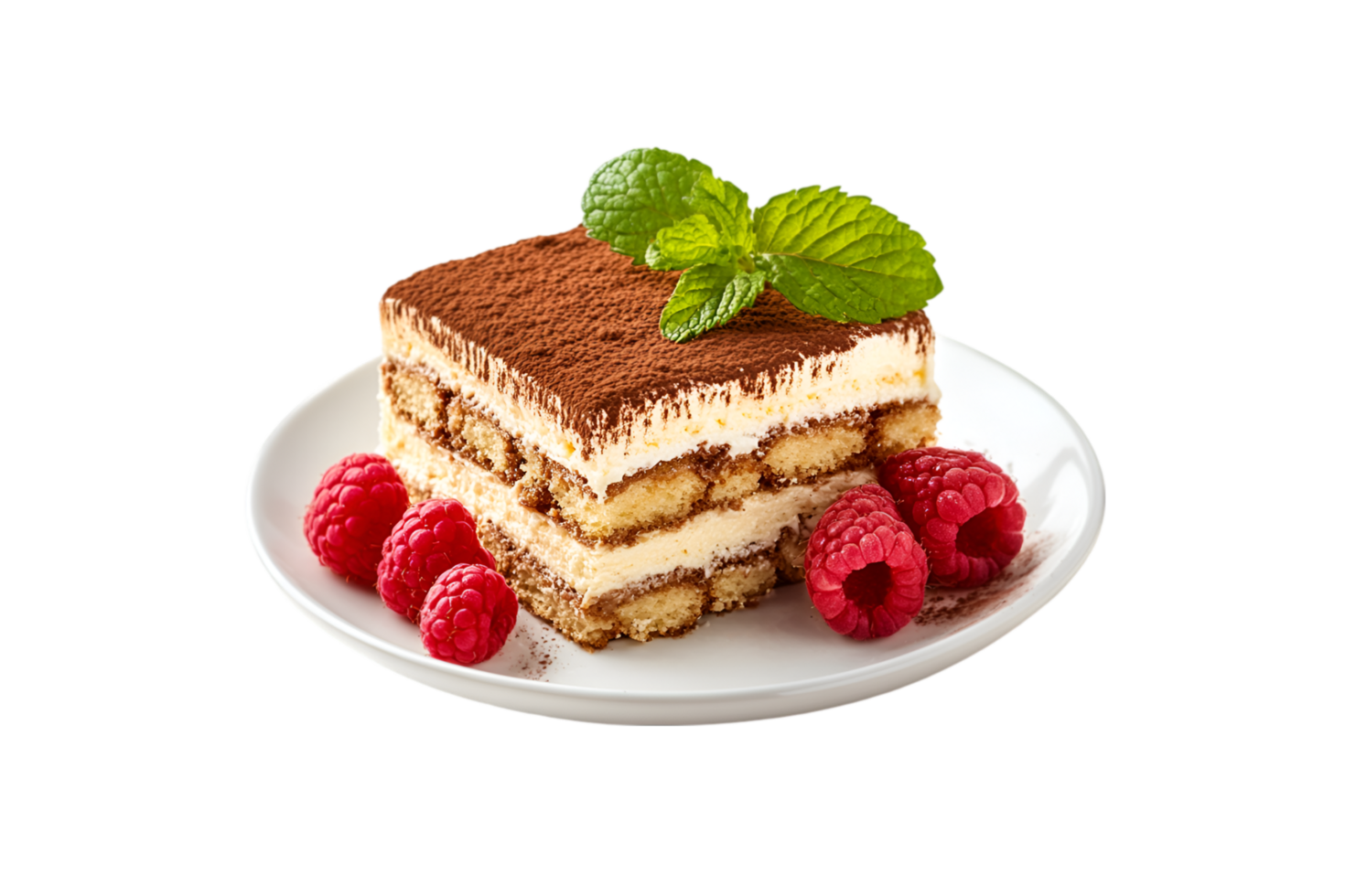 Tiramisu dessert with raspberries and mint on a plate isolated on a transparent background png