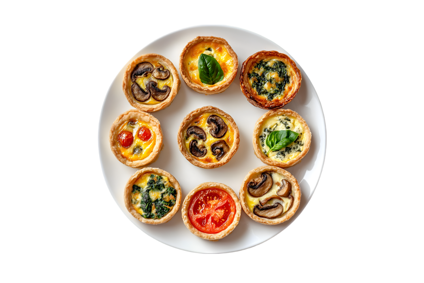 Assorted mini quiches on a plate isolated on a transparent background png