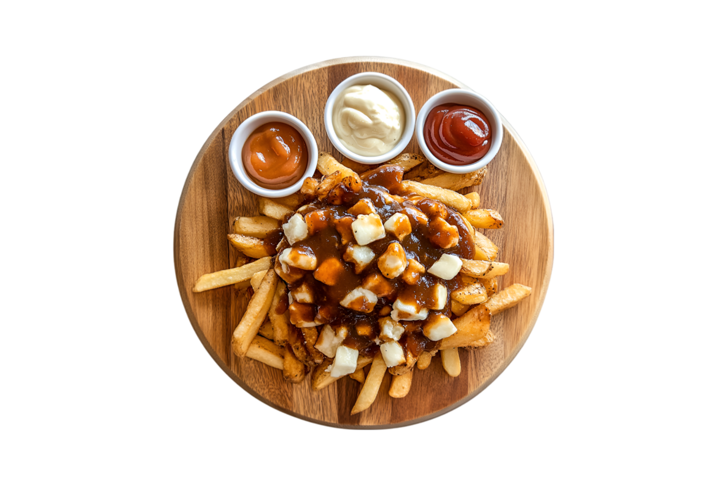 Poutine with dipping sauces on a wooden board on a transparent background png