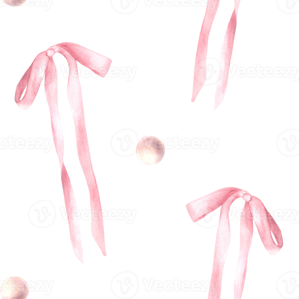 Pink silk bow with rose pearls seamless pattern. Watercolor cute hair ribbon, Girl coquette style fabric. Hairstyles gift product packaging, wallpaper. Hand drawn illustration Isolated from background png