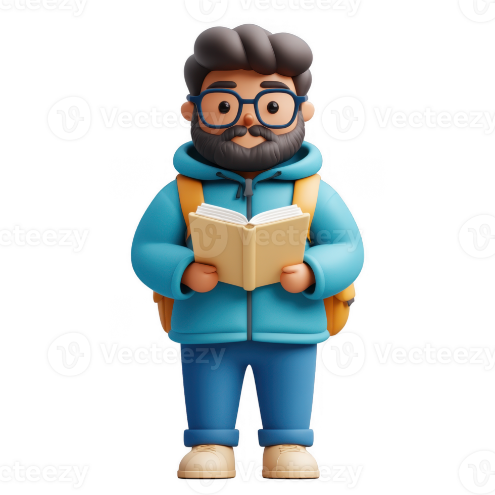 3D icon avatar A cartoon boy is reading a book, student school, concept of education learning png