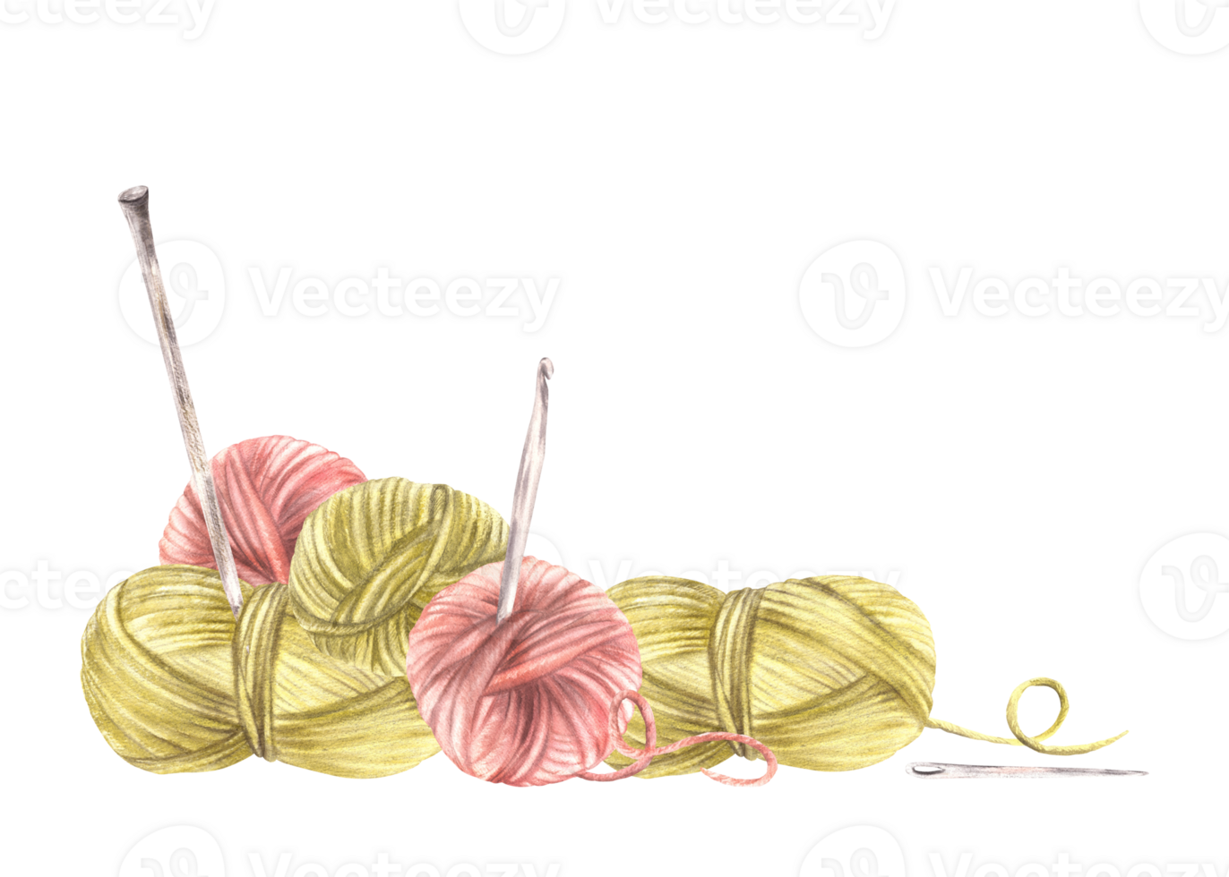 Balls of yarn threads. Watercolor hand drawn illustration. Realistic green, pink skeins of string with knitting needles. Creative hobby knitting, handicrafts label template isolated from background png